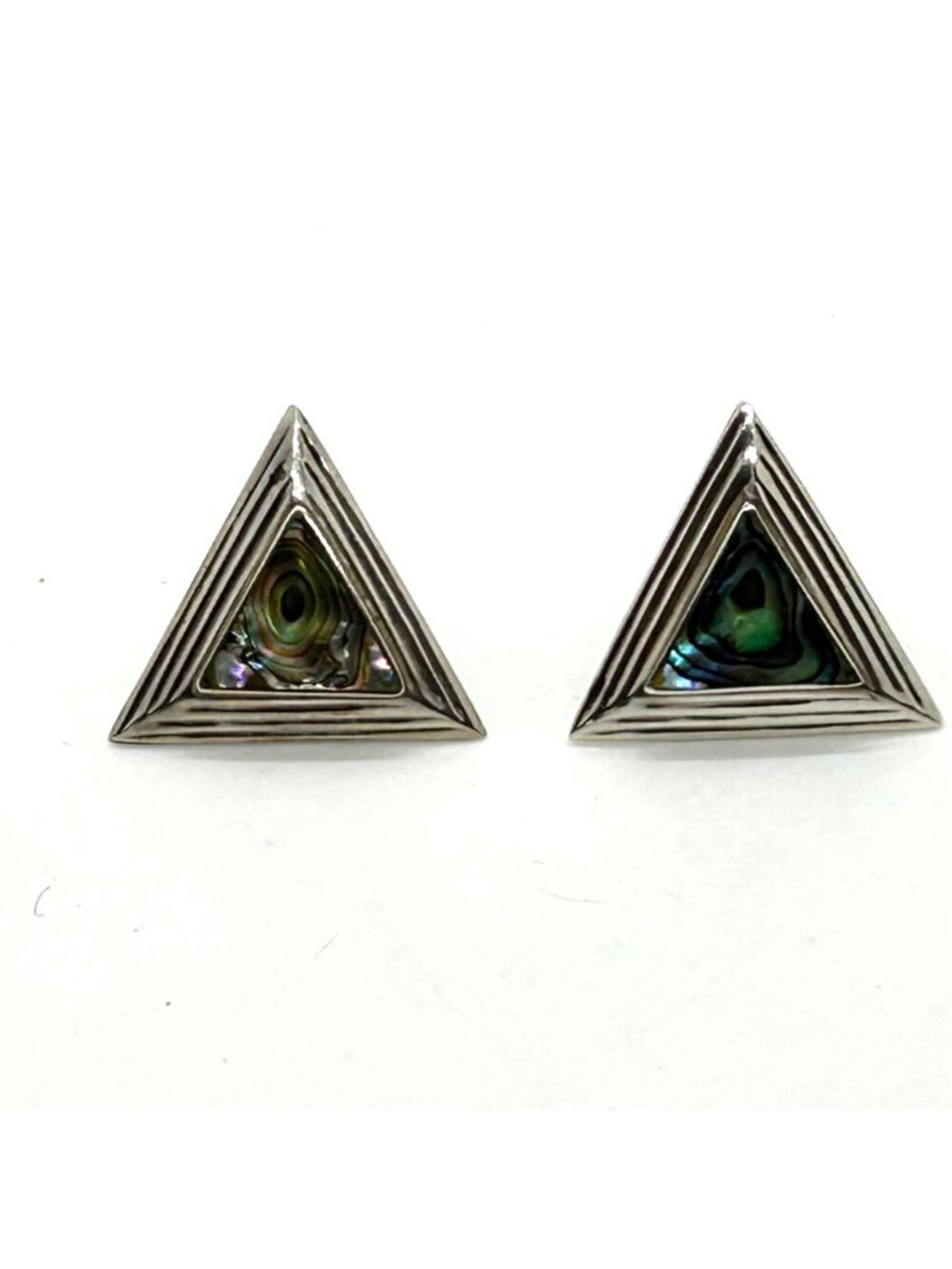 Stainless Steel Stud Earrings Abalone Triangle Geometric 1980s Irridesent - Picture 3 of 16